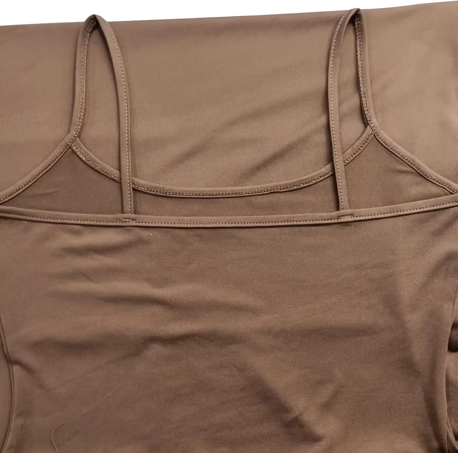 Brown sleeveless maxi dress with square neckline and spaghetti straps