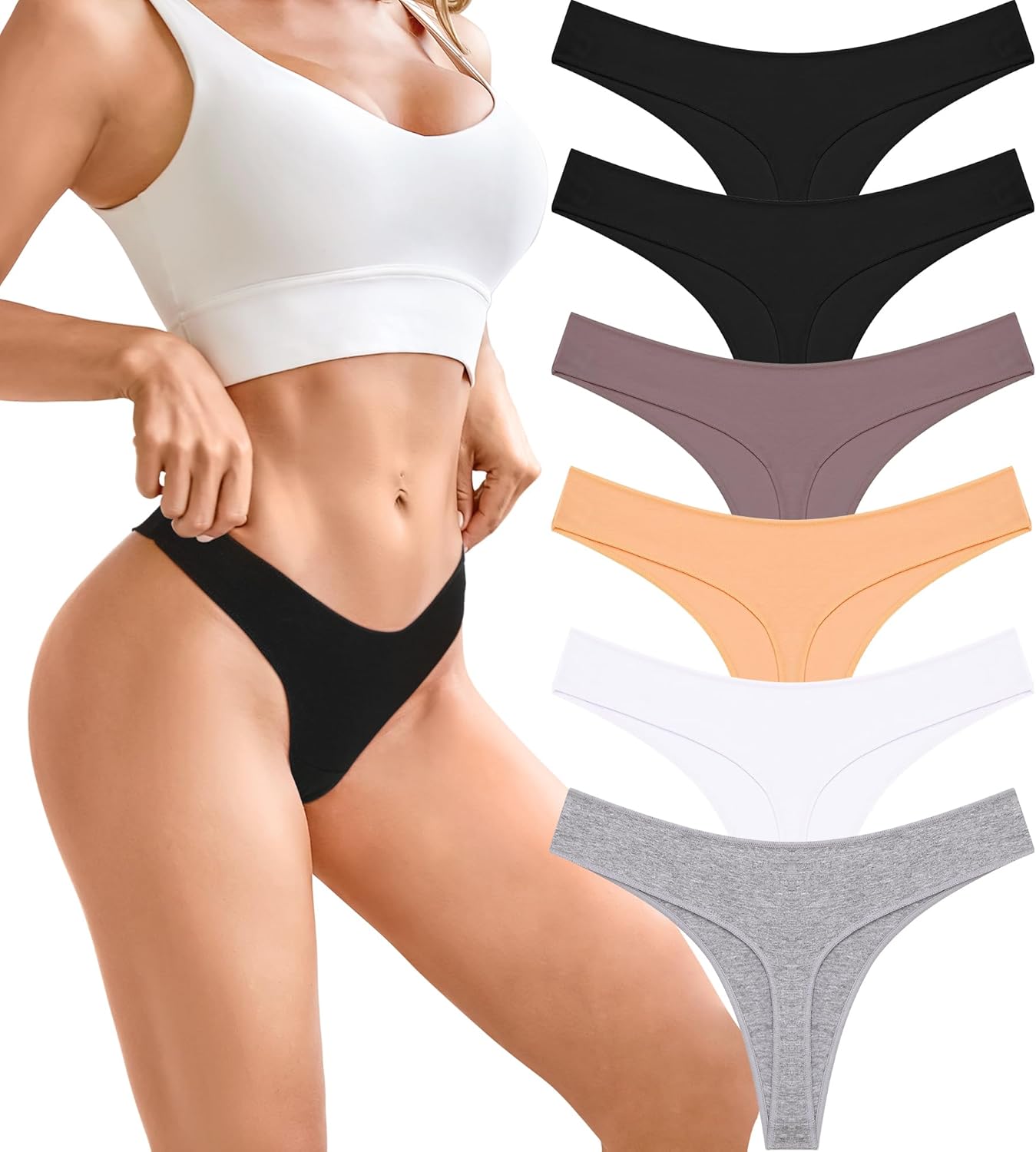 UK Underwear Women's Soft Cotton Thongs – 6 Pack, Breathable and Seamless Hipster Knickers, No VPL, Everyday Comfort