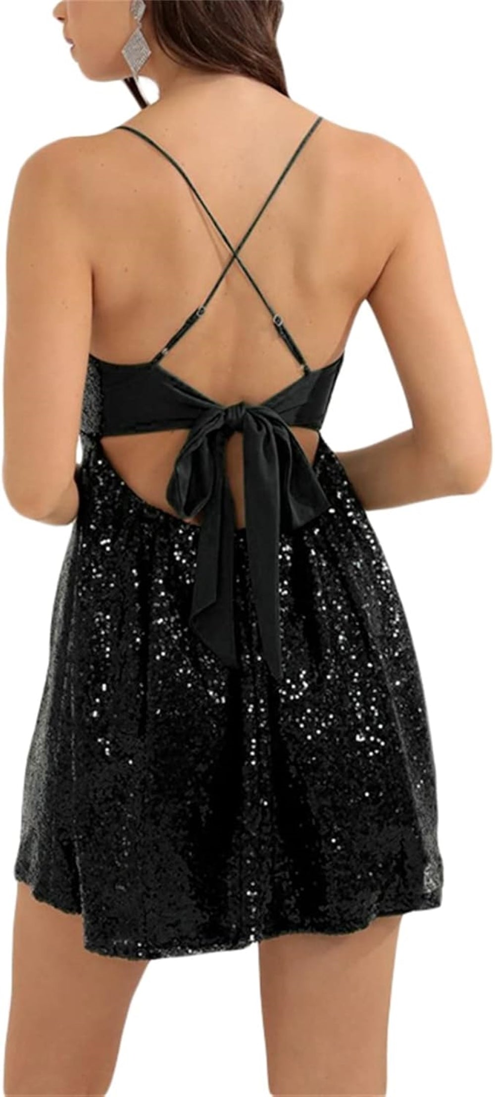 Black sequin mini dress with a sweetheart neckline, thin spaghetti straps, fitted bodice, and flared skirt. Features a crisscross back with a bow detail. Shown against a plain background.