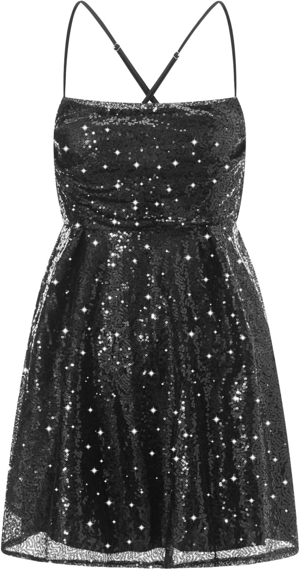 Black sequin mini dress with a crisscross back and bow at the waist