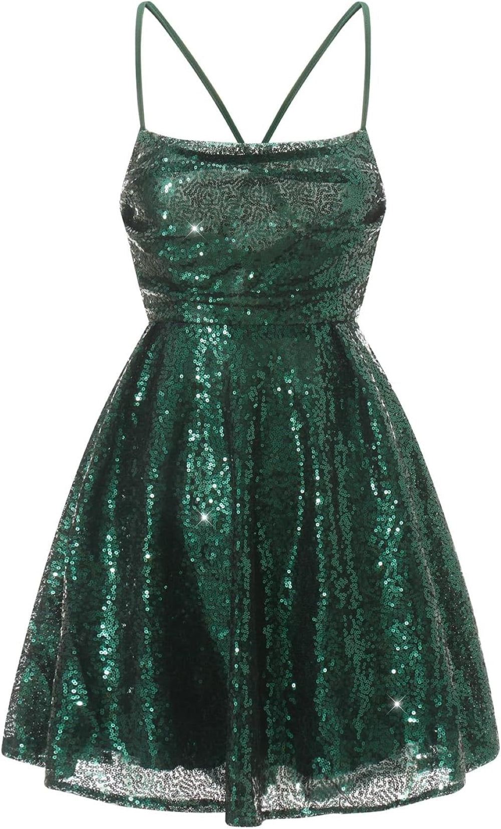 dark-Green mini dress with a fitted bodice, thin spaghetti straps, and flared skirt. Shown against a plain background