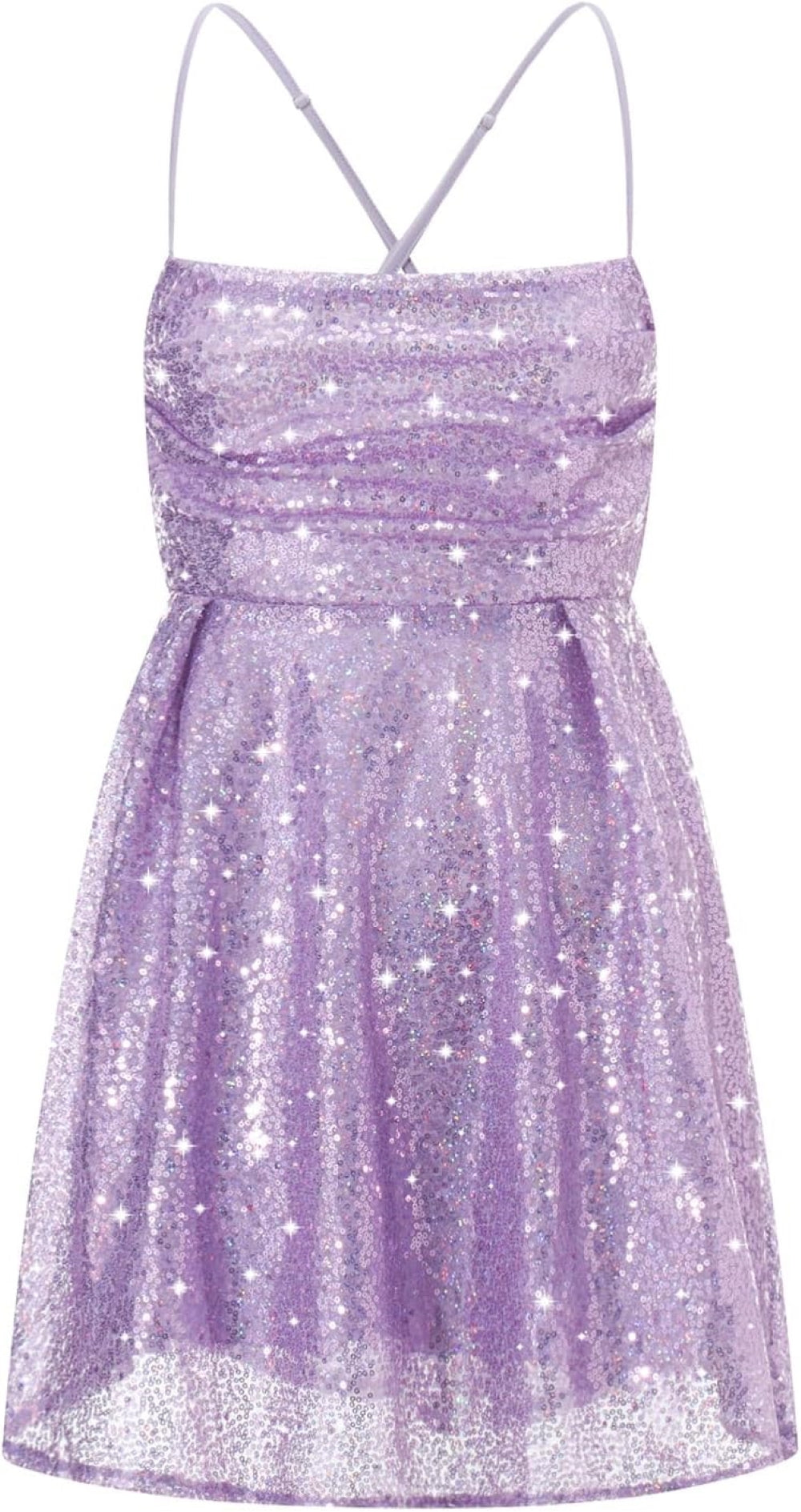 Purple sequin mini dress with thin spaghetti straps and a flared skirt. Shown against a plain background.