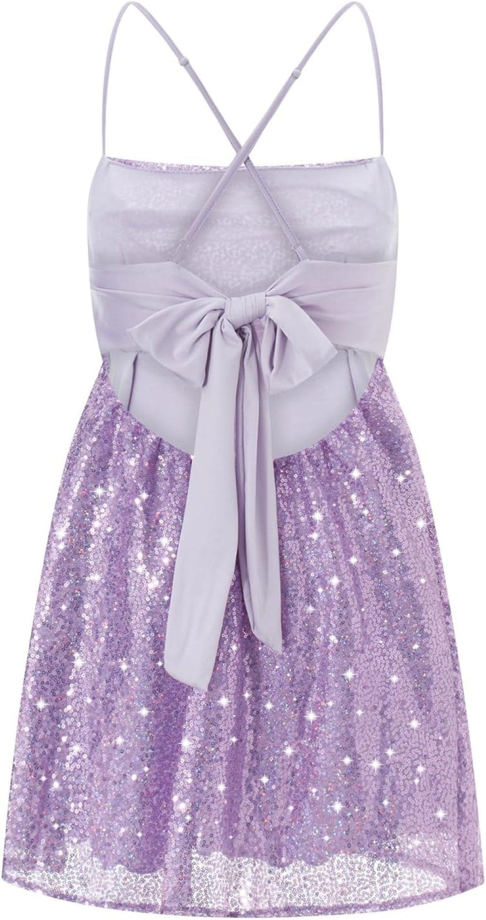 Purple sequin mini dress with a square neckline, thin spaghetti straps, fitted bodice, and flared skirt. Features a crisscross back with a bow detail. Paired with statement earrings. Shown against a plain background.