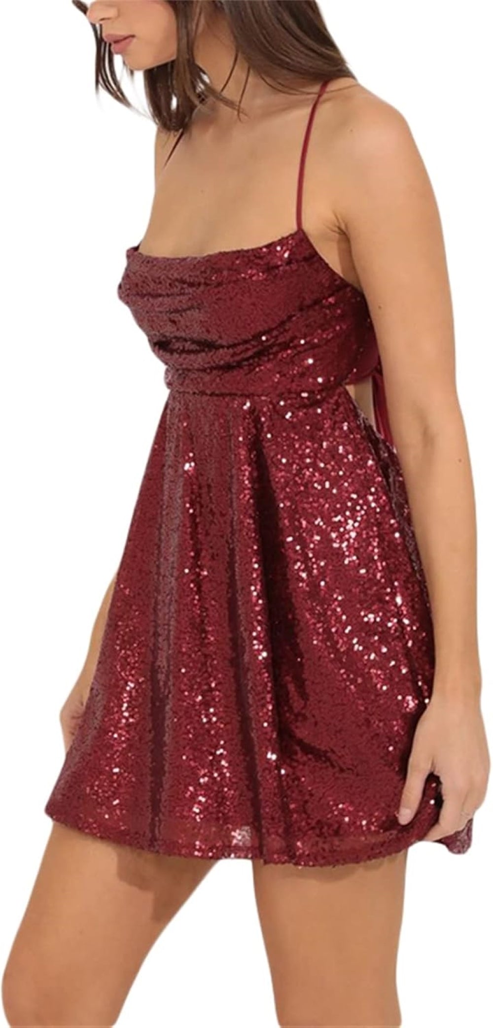 wine-Red sequin mini dress with a square neckline, thin spaghetti straps, fitted bodice, and flared skirt. Shown against a plain background.