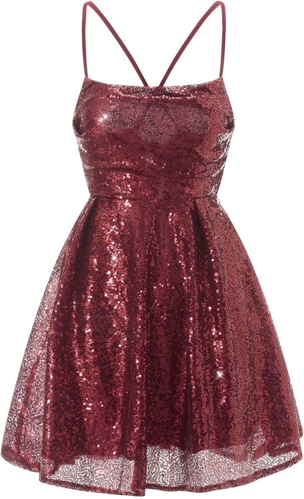 wine-Red sequin mini dress with thin spaghetti straps, a flared skirt, and a crisscross back detail. Shown against a plain background.