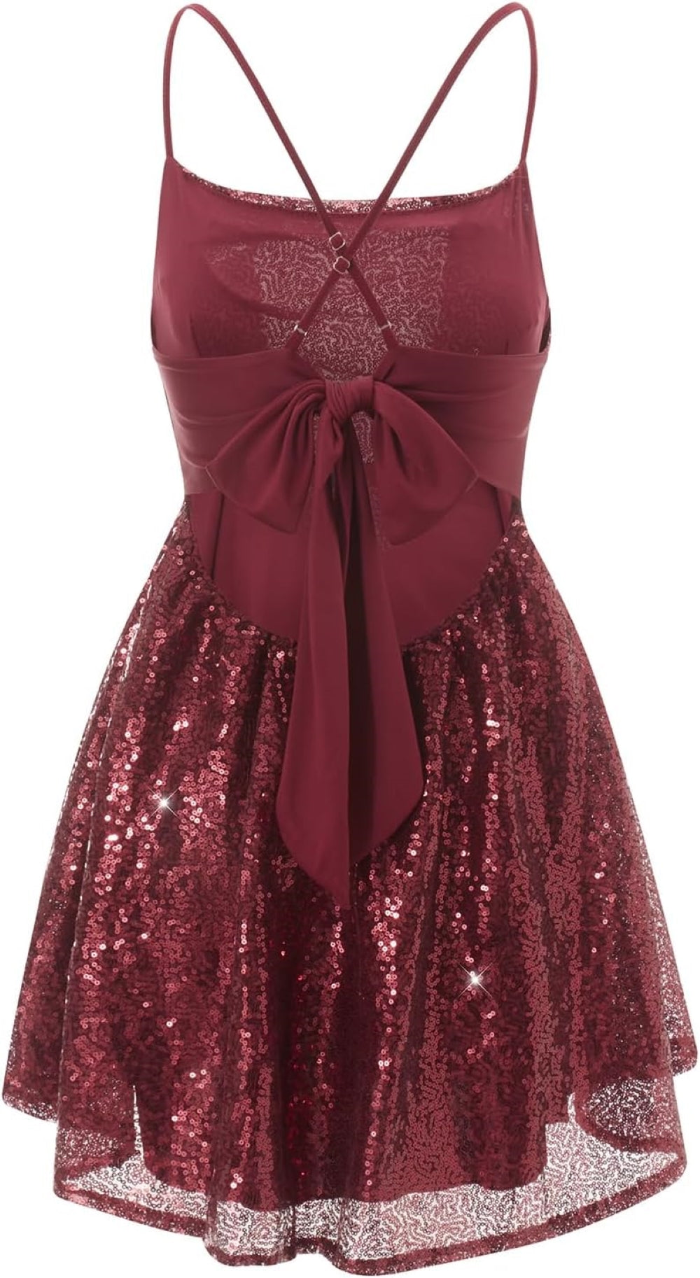  wine-Red sequin mini dress with a fitted bodice and flared skirt. Features a crisscross back with a bow detail. Shown against a plain background