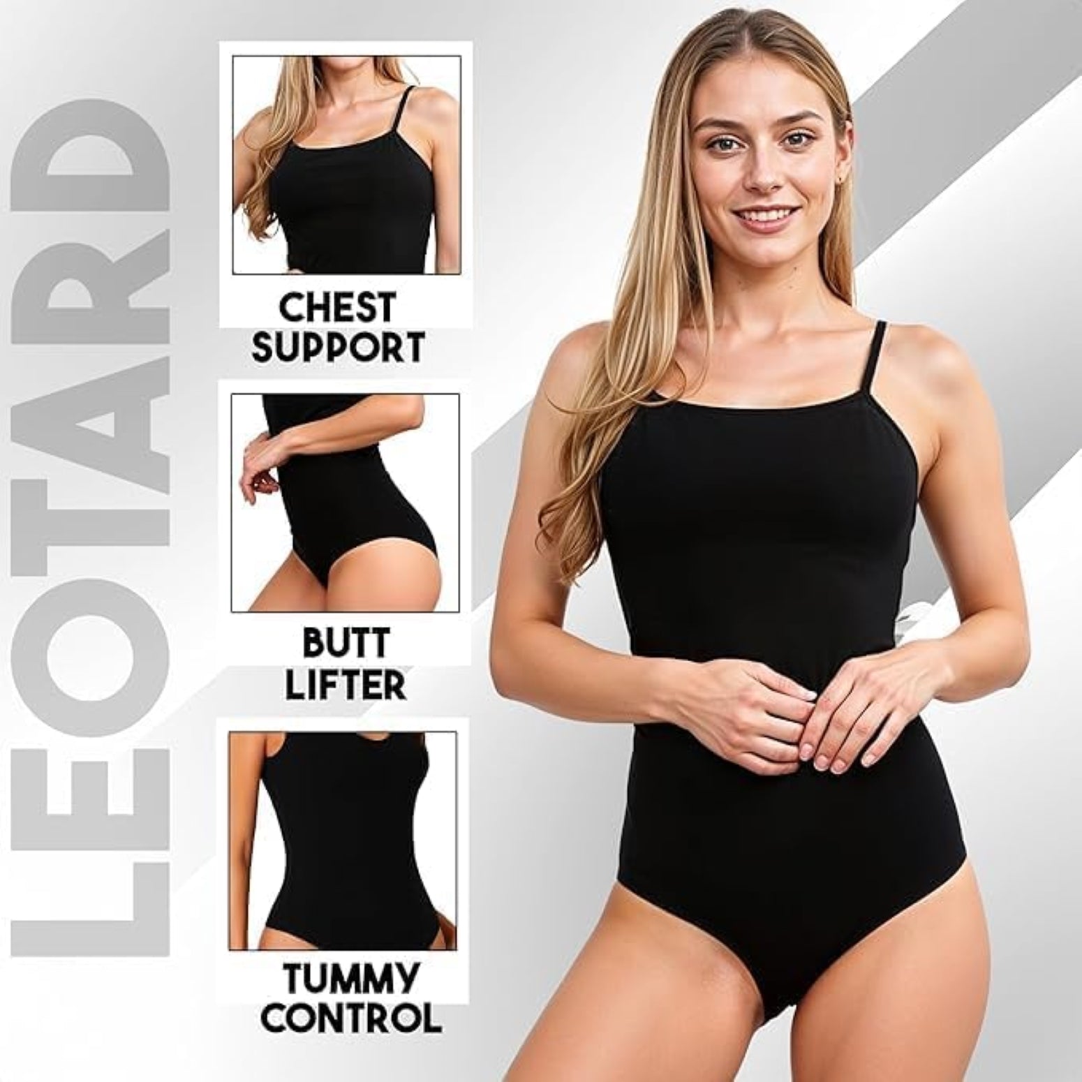 Model wearing a black sleeveless leotard bodysuit with thin straps, demonstrating features like chest support, butt lifter, and tummy control.