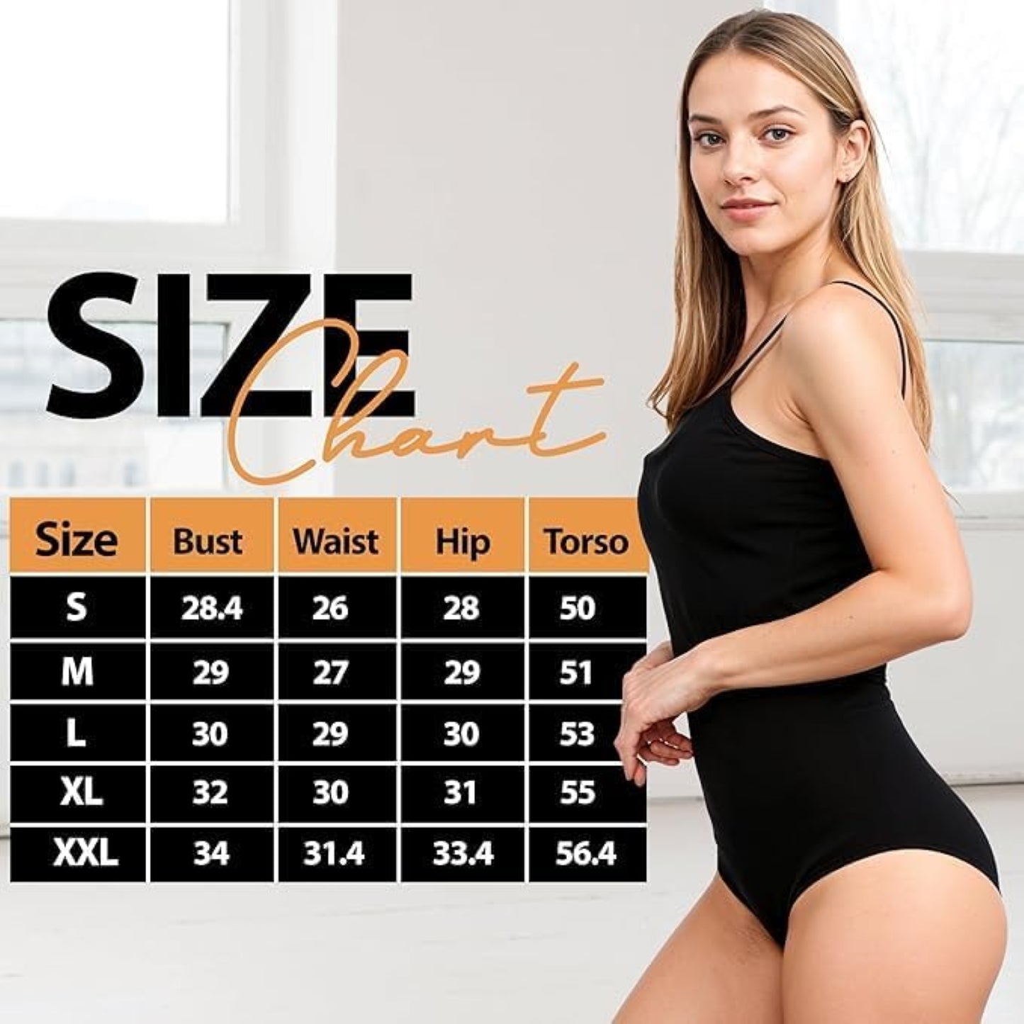 Model wearing a black sleeveless leotard bodysuit with size chart displaying measurements for bust, waist, hip, and torso.