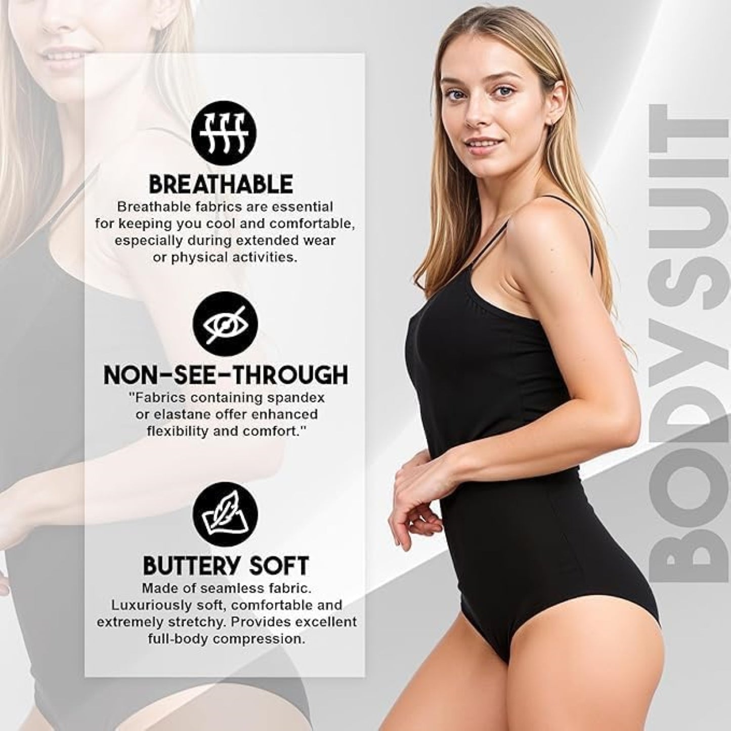Woman in a black sleeveless leotard bodysuit with thin straps, showcasing breathable, non-see-through, and buttery soft fabric features.