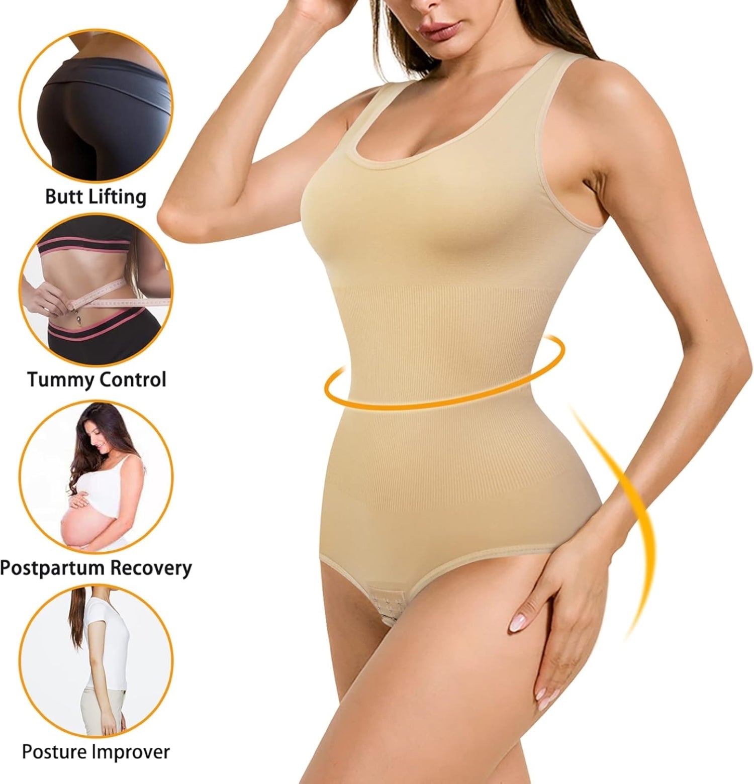 Seamless beige body shaper for women featuring tummy control, butt lifting, postpartum support, and posture improvement benefits.