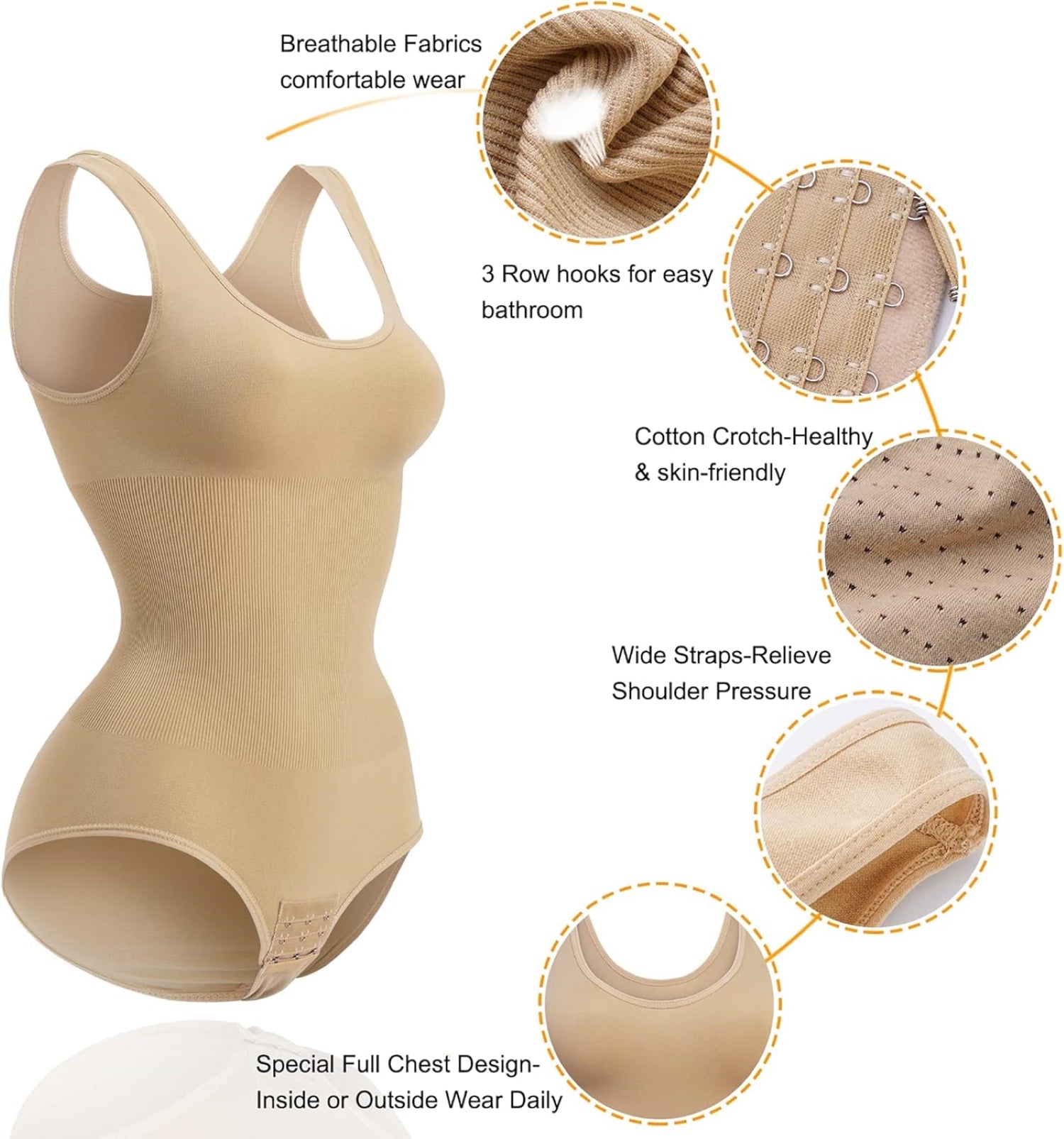Beige women's seamless shapewear bodysuit with breathable fabric, wide adjustable straps, 3-row hook closure for bathroom access, cotton crotch lining, and full-coverage chest design for daily wear.