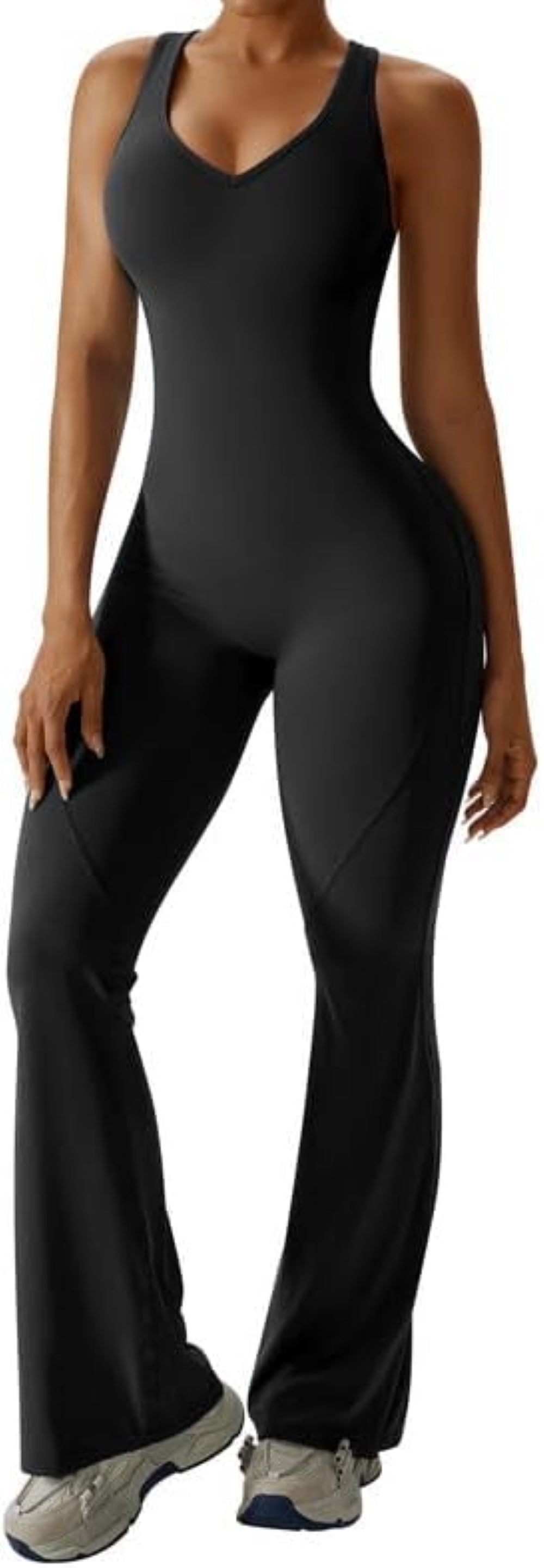 Women's Flared Jumpsuit – Sexy Backless Tight Fitted Sleeveless Racerback Bodysuit with U-Neck and Removable Padding – Wide-Leg Bodycon Unitard Outfit for Yoga and Fitness