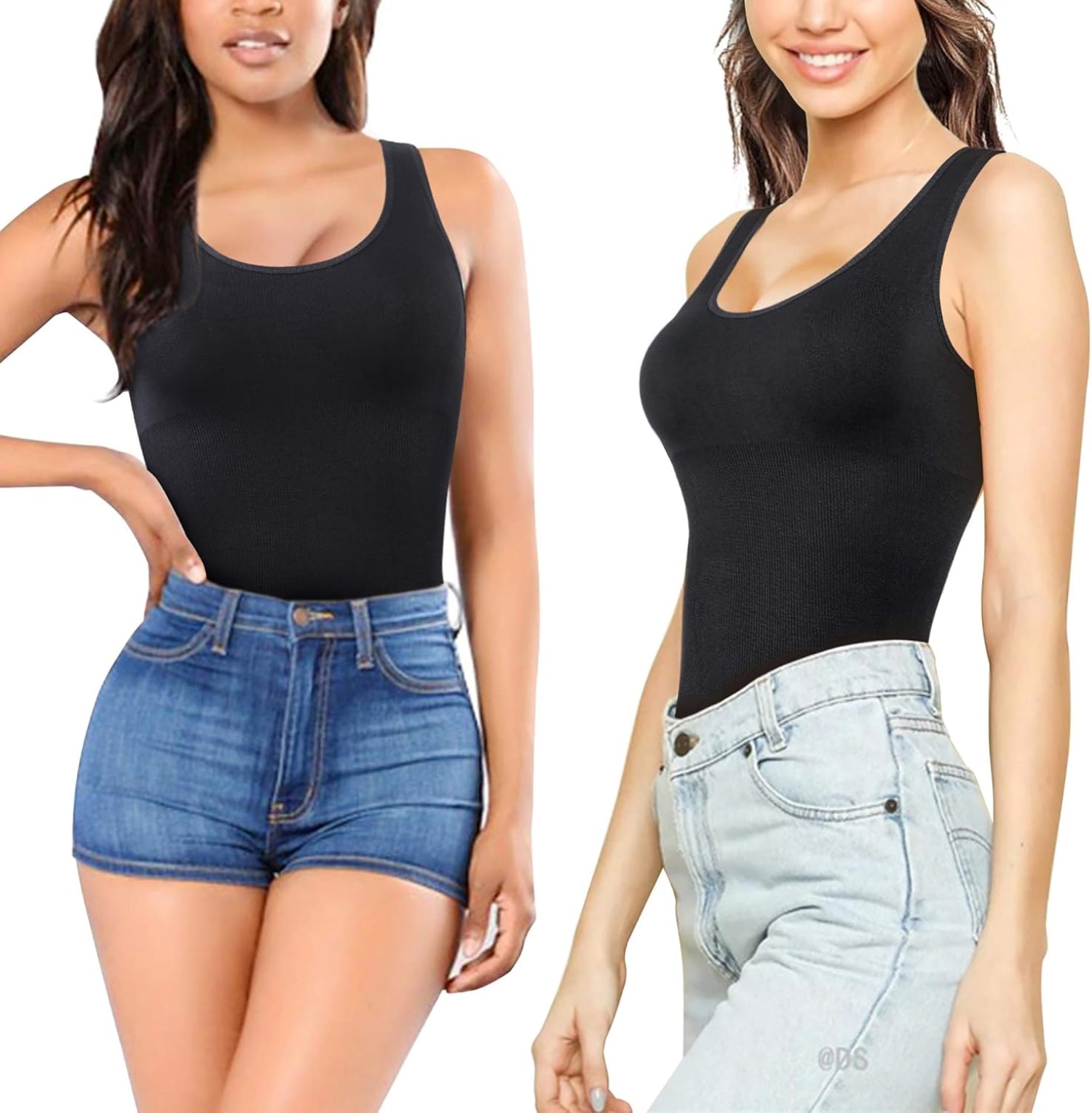 Comparison of black tank tops paired with denim skirts, showcasing versatile casual wear options.