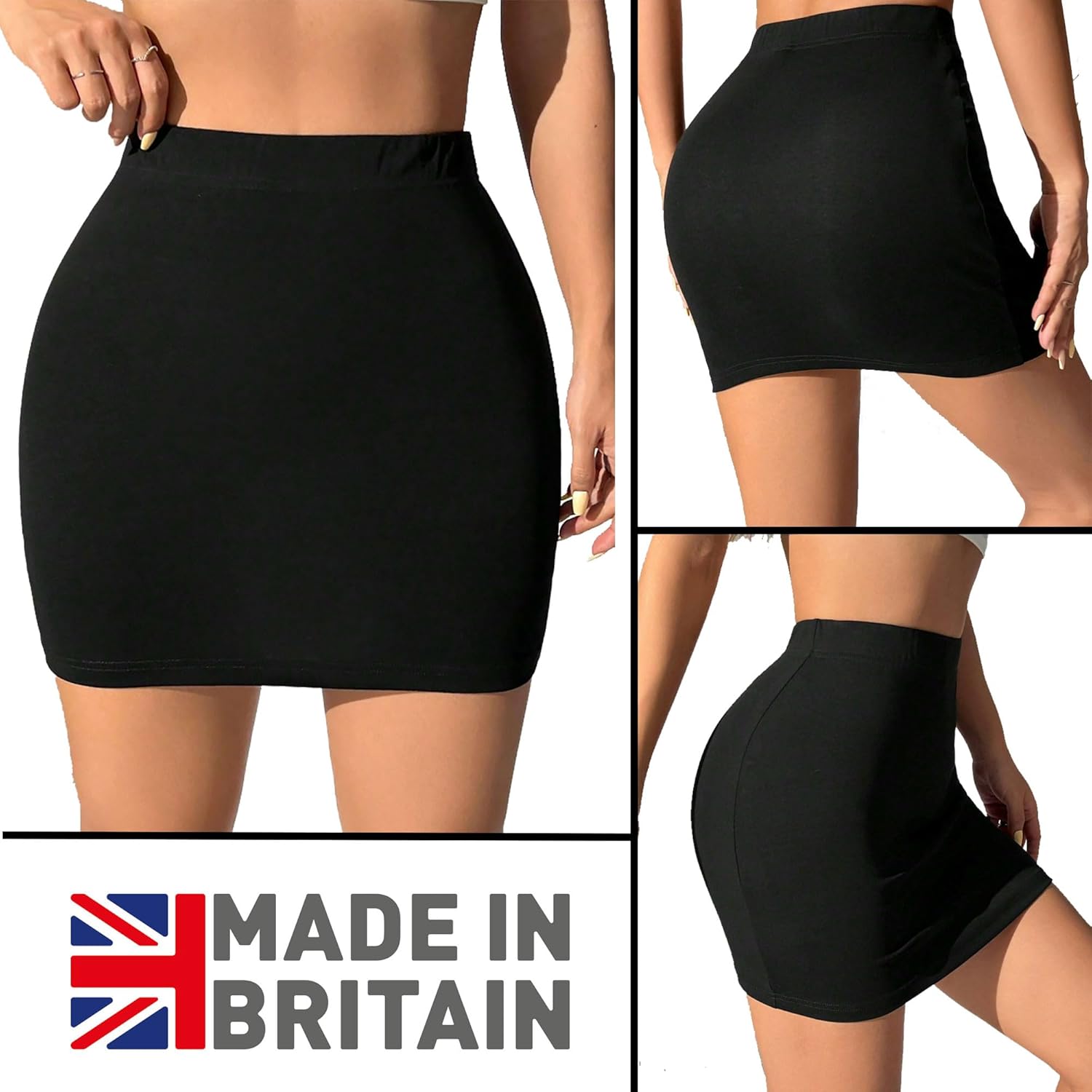 Black mini skirt with elastic waistband and smooth fabric. Simple, form-fitting design with clean lines and subtle stretch for comfortable wear.