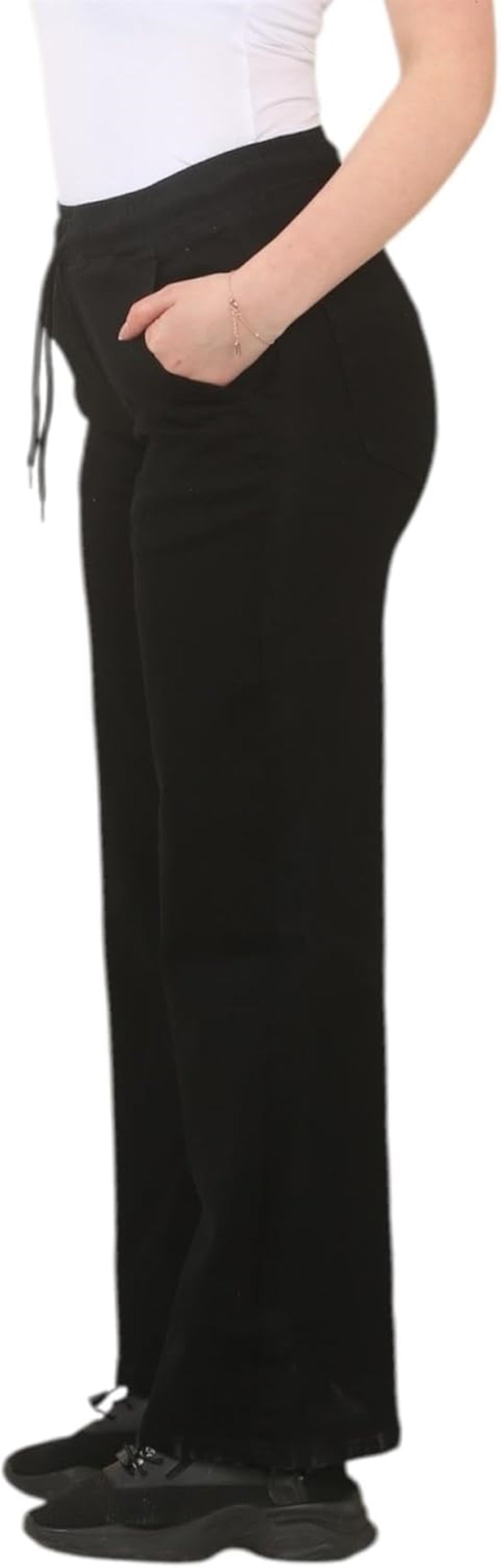 Black drawstring jogger pants with side pockets and elasticated ankles, paired with sneakers