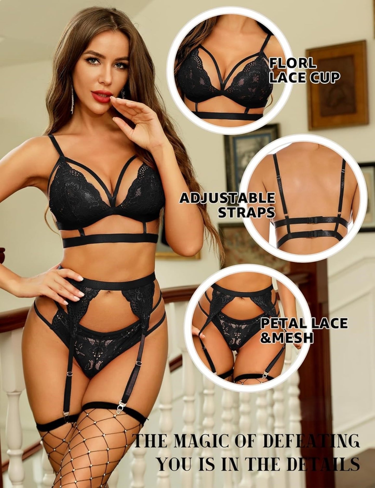 Elegant Floral Lace 3-Piece Lingerie Set – Bra, Thong & Adjustable Garter Belt (UK S–XXL) – Valentine's Day Multi-Colour Lingerie for Women
