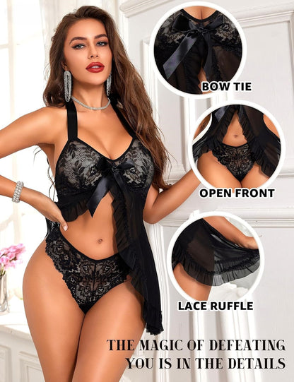 Black lace babydoll lingerie set with halter neck, sheer sleeves, waist bow, scalloped edges, and matching lace panties. elegant design for a luxurious feel