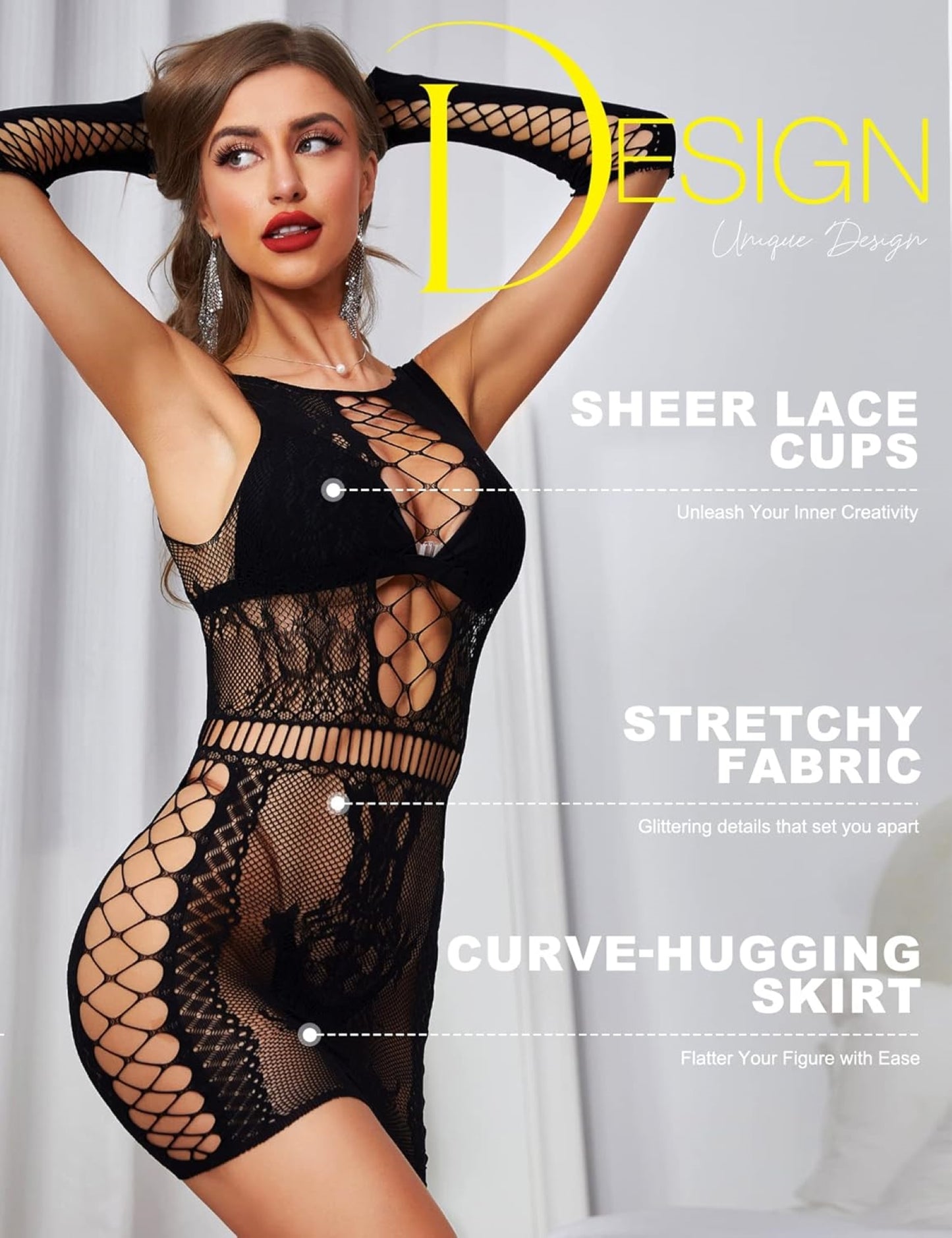 Black lace-up bodycon dress with sheer lace cups, stretchy fabric, and curve-hugging skirt design. Model poses with hands on head to showcase the dress's fit and style