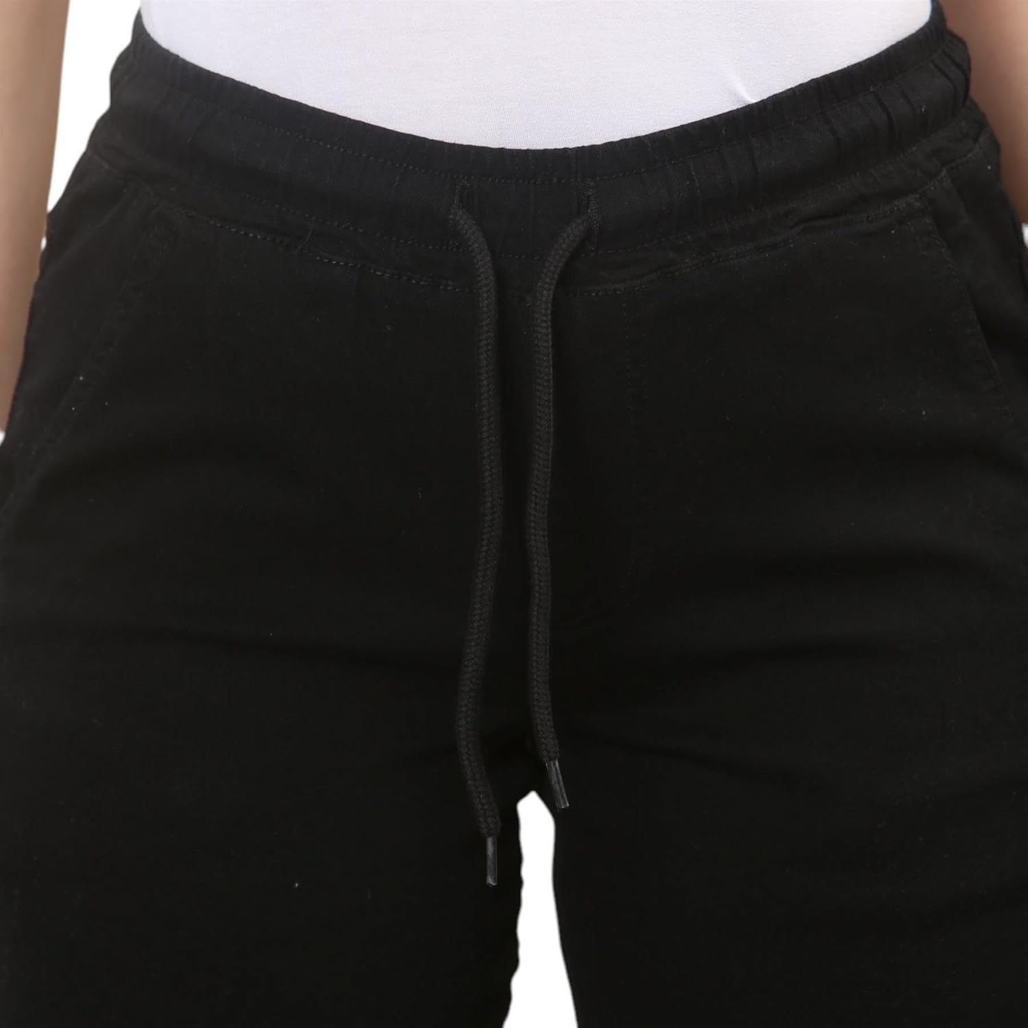 Black wide-leg pants with elastic waistband and drawstring