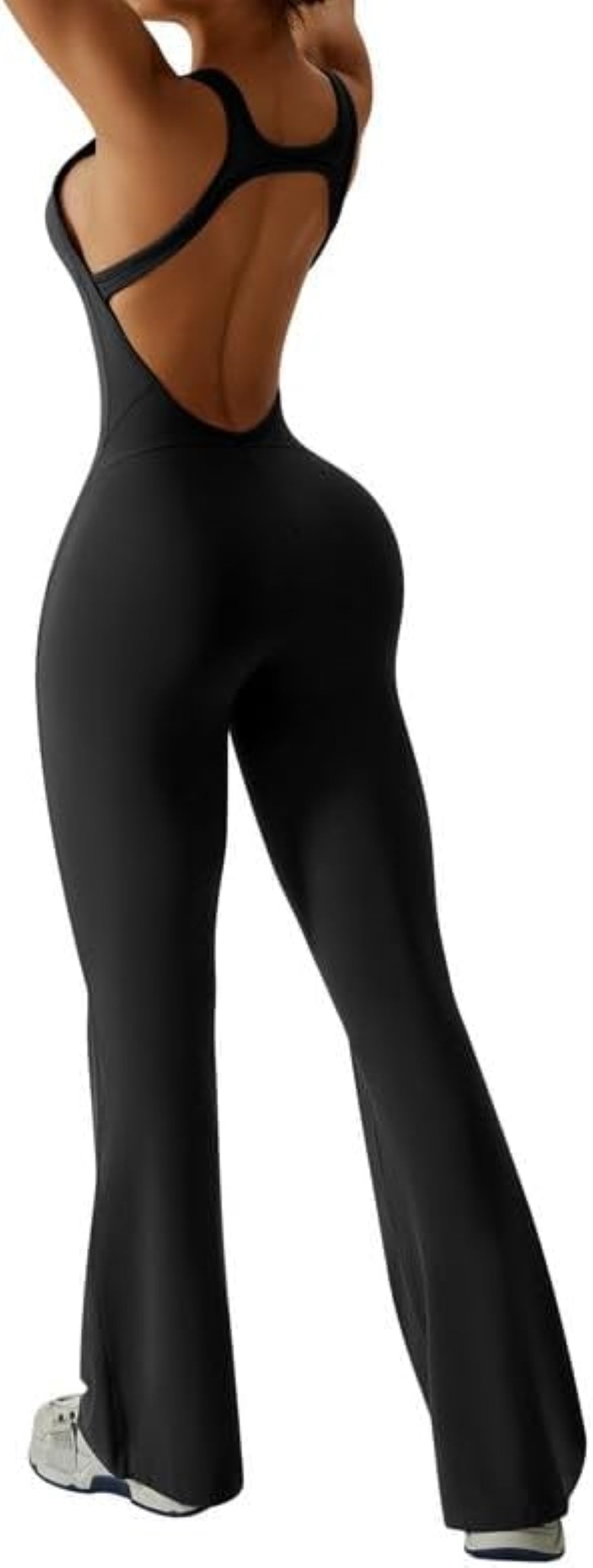 Women's Flared Jumpsuit – Sexy Backless Tight Fitted Sleeveless Racerback Bodysuit with U-Neck and Removable Padding – Wide-Leg Bodycon Unitard Outfit for Yoga and Fitness