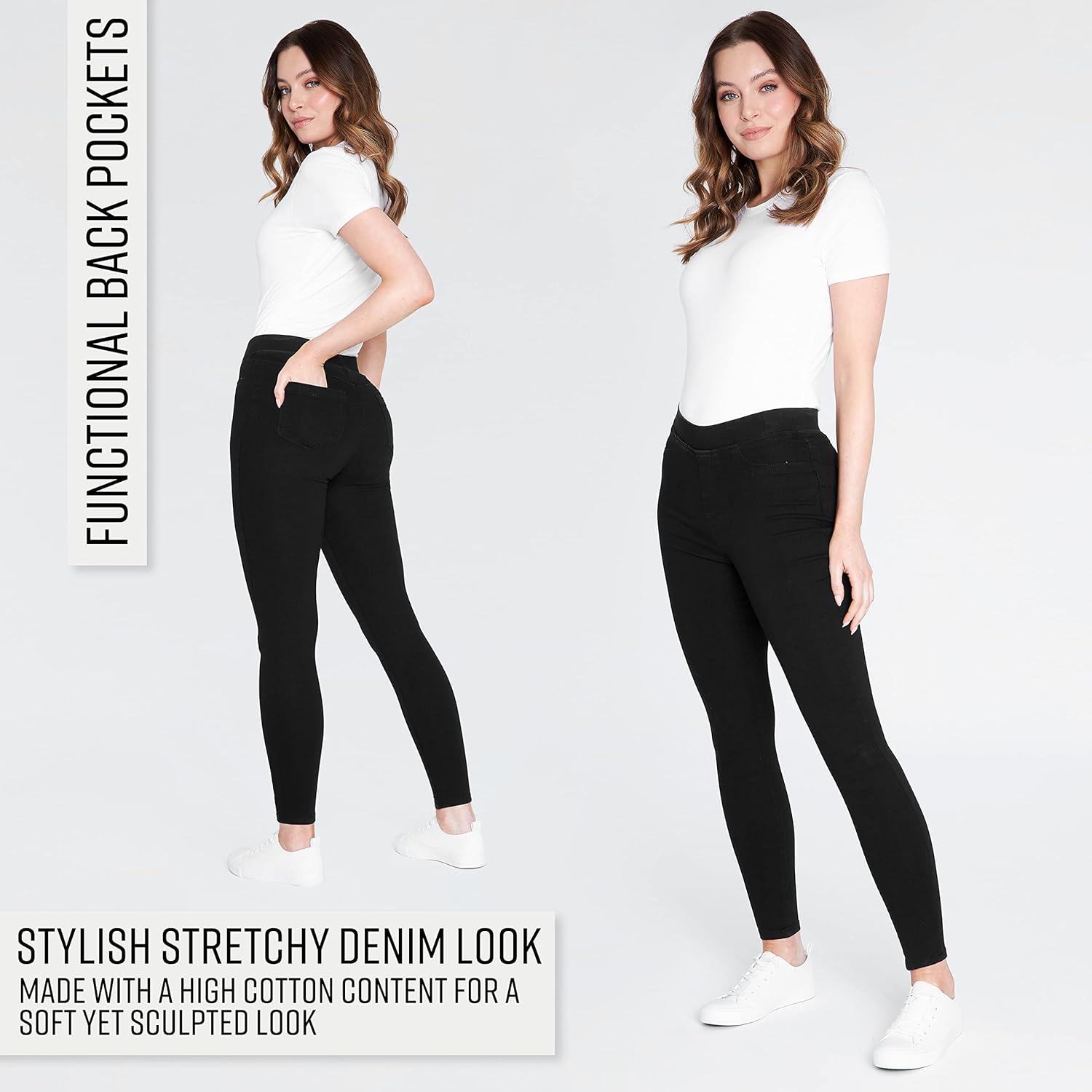 Woman wearing black stretchy leggings with functional back pockets, paired with a white short-sleeved shirt and white sneakers.