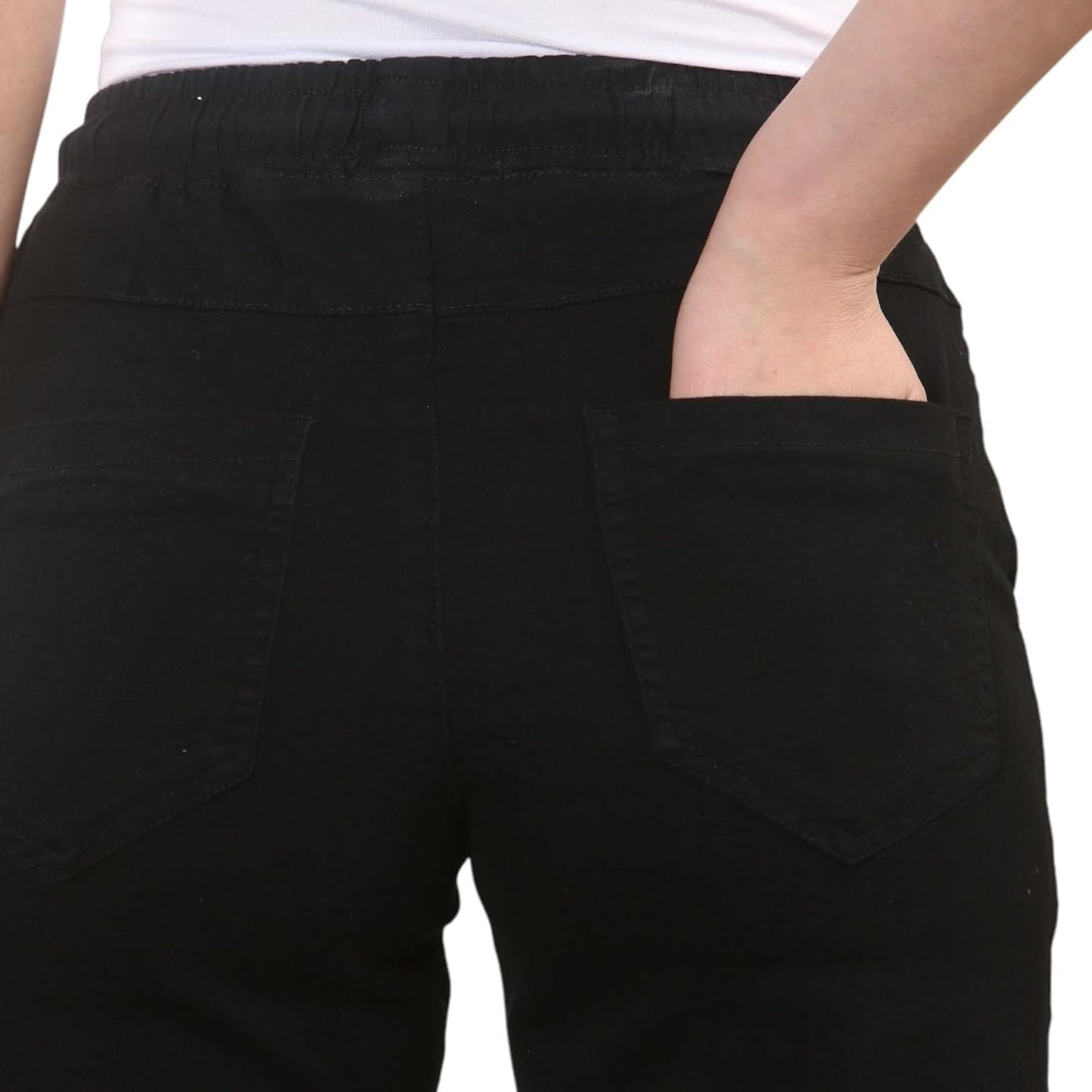 Black wide-leg pants with elastic waistband and pockets.