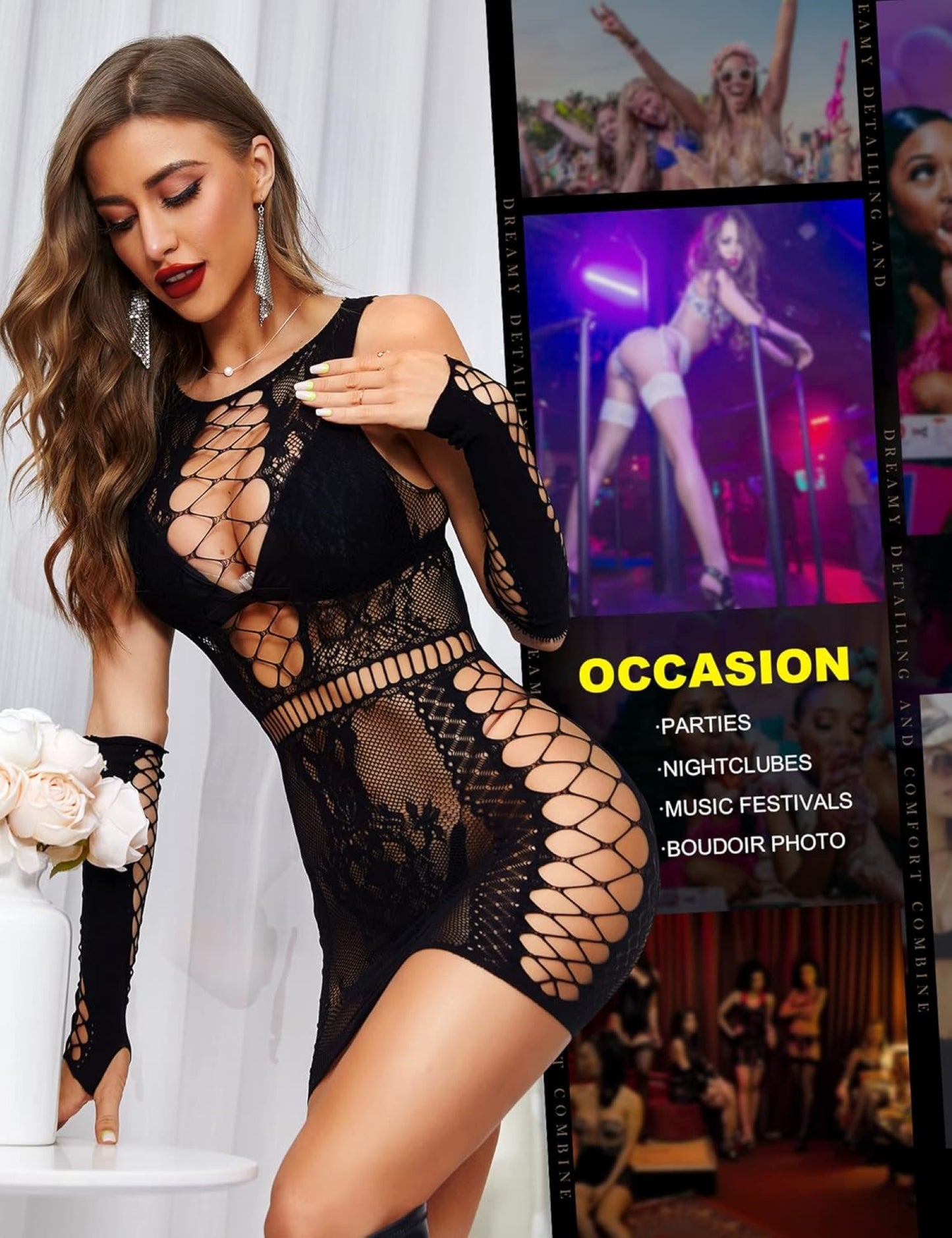 Women's Fishnet Bodysuit with Gloves - Sheer Stretch One-Piece Lingerie Nightwear (One Size)