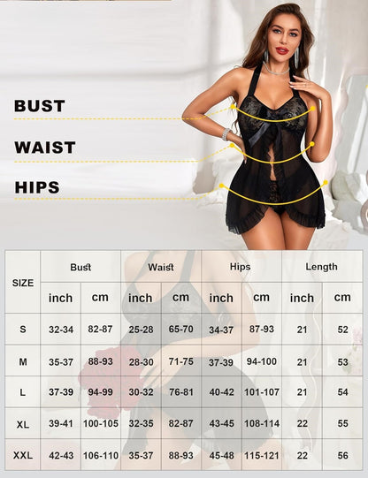 Sheer Lace Babydoll Open Front Chemise Lingerie Set for Women – Valentine's Day & Bridal Nightwear