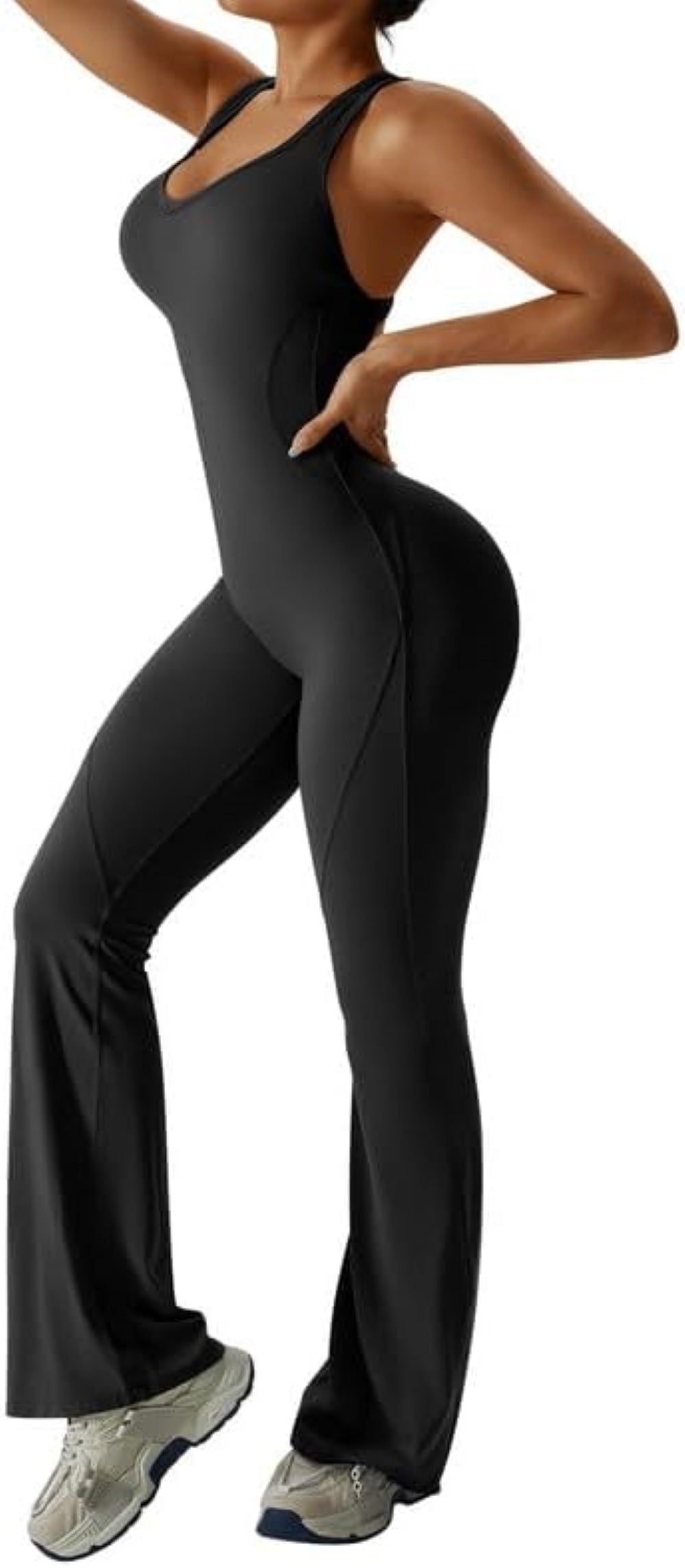 Women's Flared Jumpsuit – Sexy Backless Tight Fitted Sleeveless Racerback Bodysuit with U-Neck and Removable Padding – Wide-Leg Bodycon Unitard Outfit for Yoga and Fitness