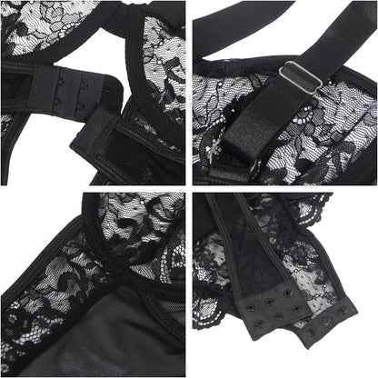 Black lace lingerie bodysuit with deep V-neckline, floral lace detailing, mesh panels, attached garter belt, and matching thong. Elegant design with lace trim for luxury appeal