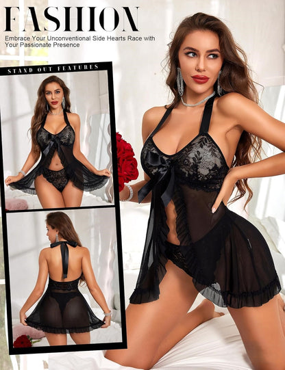 Black lace babydoll lingerie set with halter neck, sheer sleeves, waist bow, scalloped edges, and matching lace panties. elegant design for a luxurious feel
