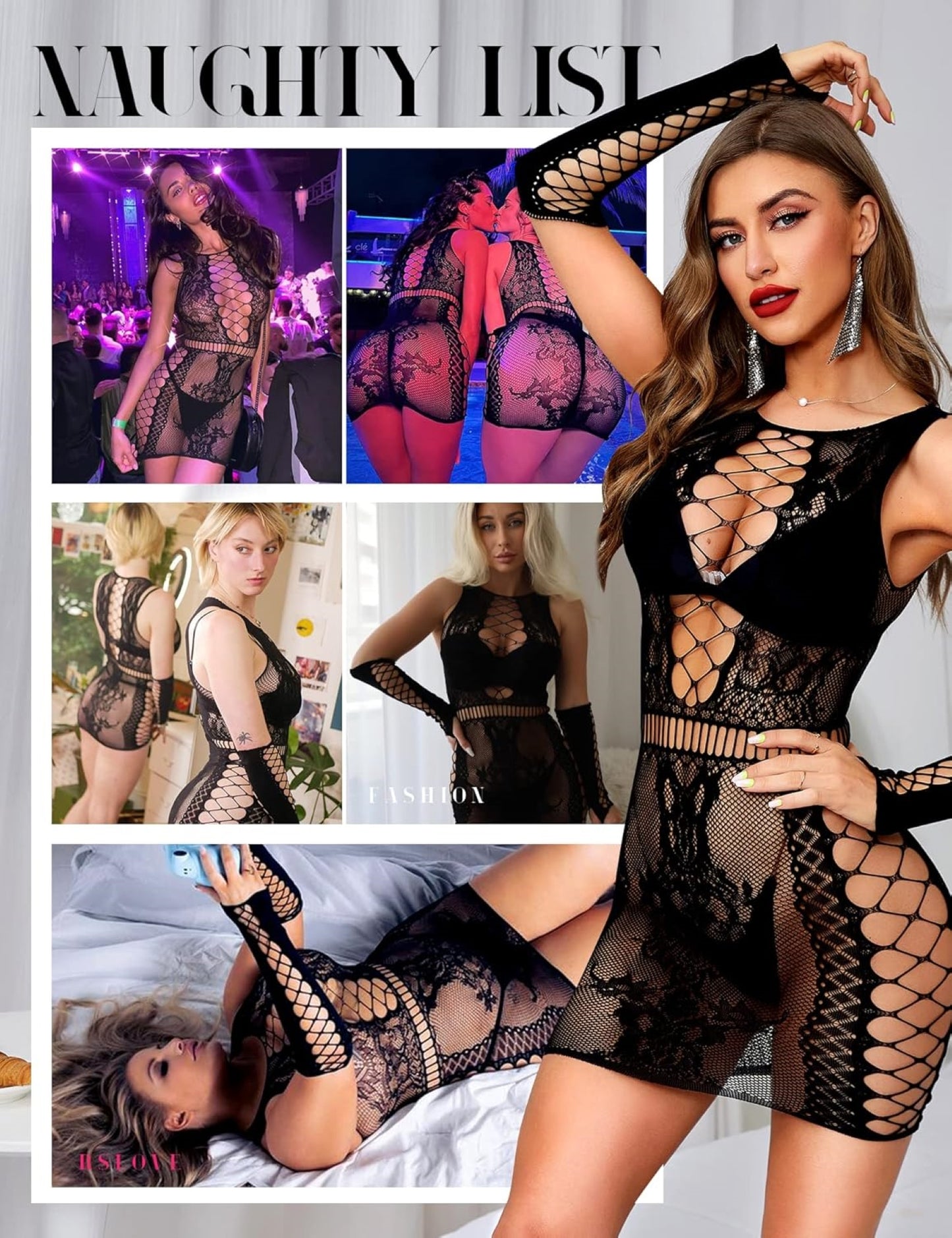 Women's Fishnet Bodysuit with Gloves - Sheer Stretch One-Piece Lingerie Nightwear (One Size)