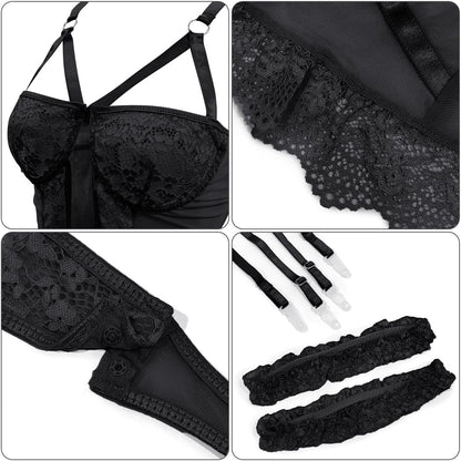 Black lace lingerie bodysuit with deep V-neckline, floral lace detailing, mesh panels, attached garter belt, and matching thong. Elegant design with lace trim for luxury appeal