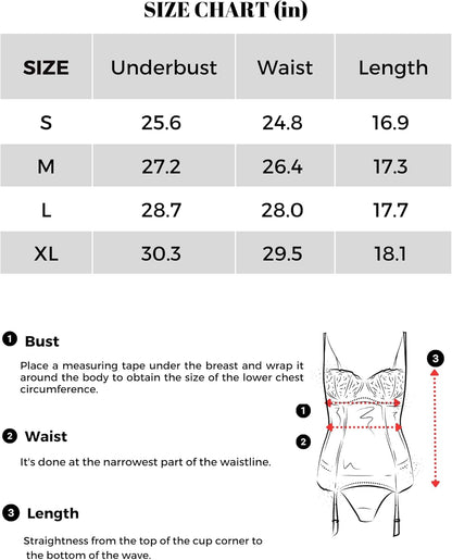 Size chart for lingerie, displaying underbust, waist, and length measurements in inches for sizes S to XL. Includes diagrams illustrating how to measure bust, waist, and length.