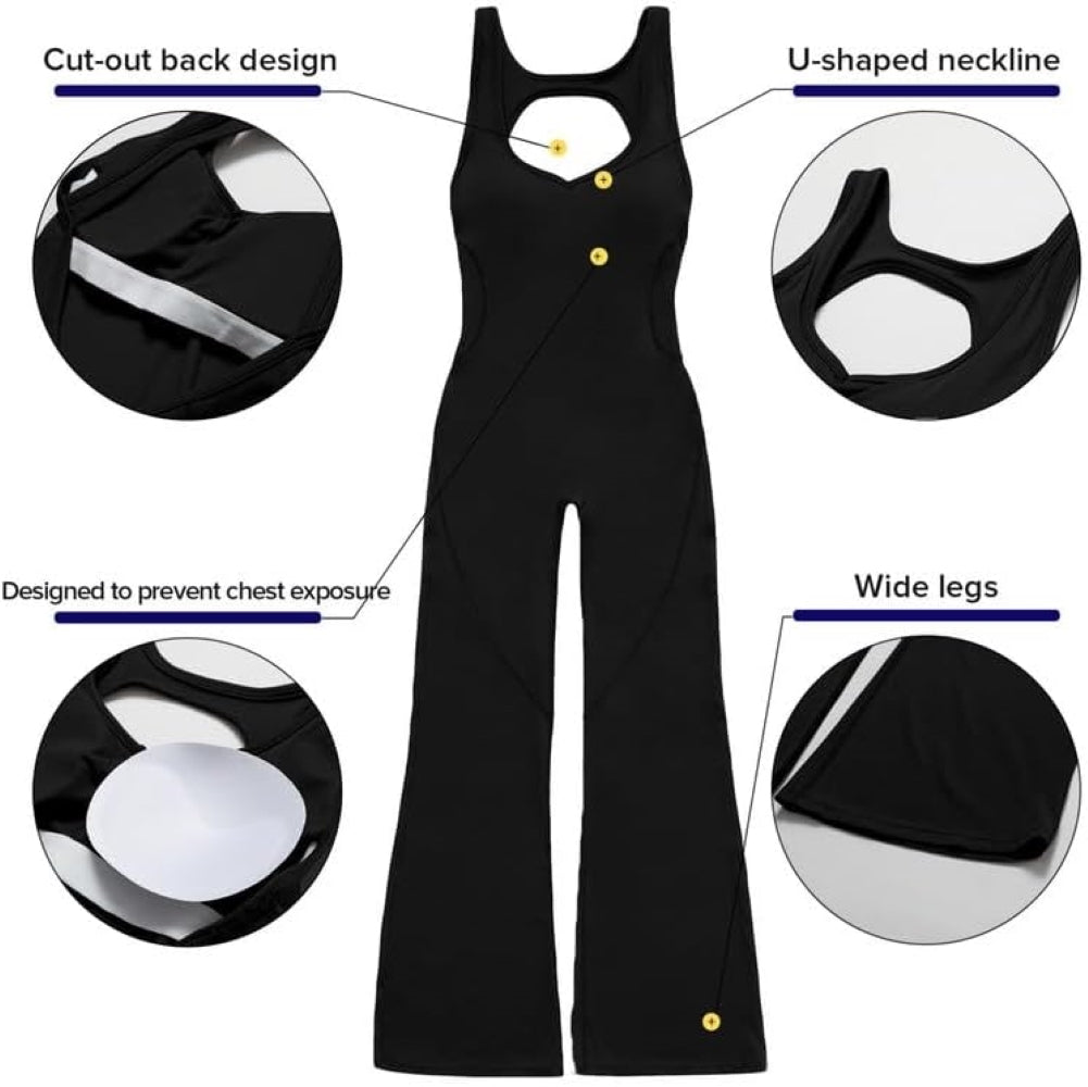 Women's Flared Jumpsuit – Sexy Backless Tight Fitted Sleeveless Racerback Bodysuit with U-Neck and Removable Padding – Wide-Leg Bodycon Unitard Outfit for Yoga and Fitness
