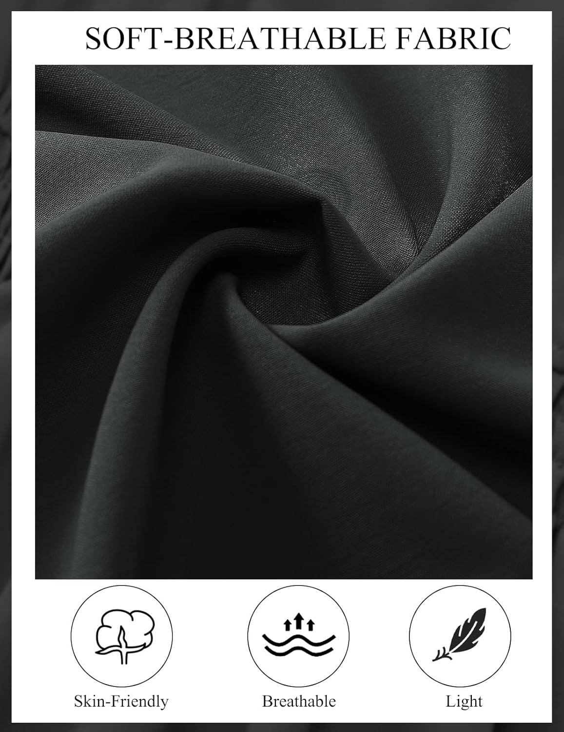 Close-up of black fabric showcasing its soft and breathable texture. Features icons highlighting skin-friendly, breathable, and lightweight properties. Text overlay reads 'SOFT-BREATHABLE FABRIC' at the top.