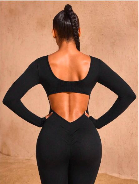 Women's Seamless Hollow Back Long Sleeve Jumpsuit – High Waisted Yoga Catsuit for Fitness & Studio | Stretchy, Backless Activewear