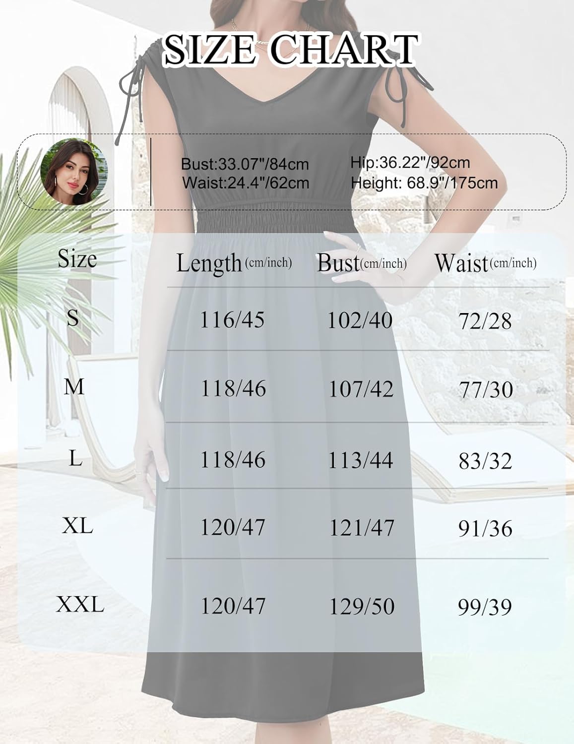 Size chart for a grey midi dress, displaying measurements in centimeters and inches for sizes S to XXL. Includes length, bust, and waist dimensions, along with a model’s body stats (bust, waist, hip, height). Shown in a table format with a faded background image of the dress.