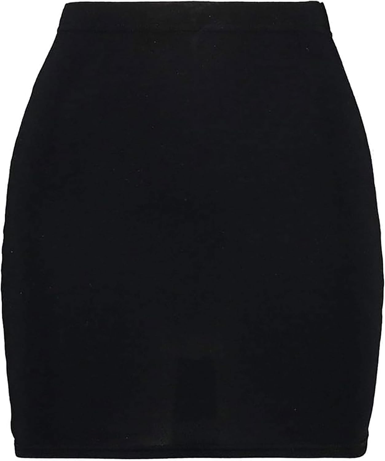 Black mini skirt with elastic waistband and smooth fabric. Simple, form-fitting design with clean lines and subtle stretch for comfortable wear.
