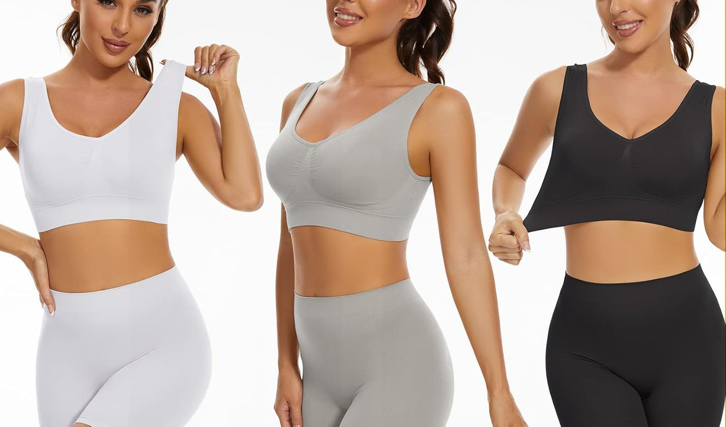 3-Pack Seamless Wirefree Racerback Sports Bras for Women – Medium Impact Yoga Bra with Removable Pads | Inclusive Sizes S-4XL