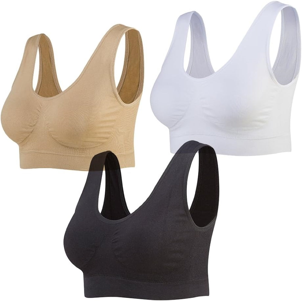 3-Pack Seamless Wirefree Racerback Sports Bras for Women – Medium Impact Yoga Bra with Removable Pads | Inclusive Sizes S-4XL