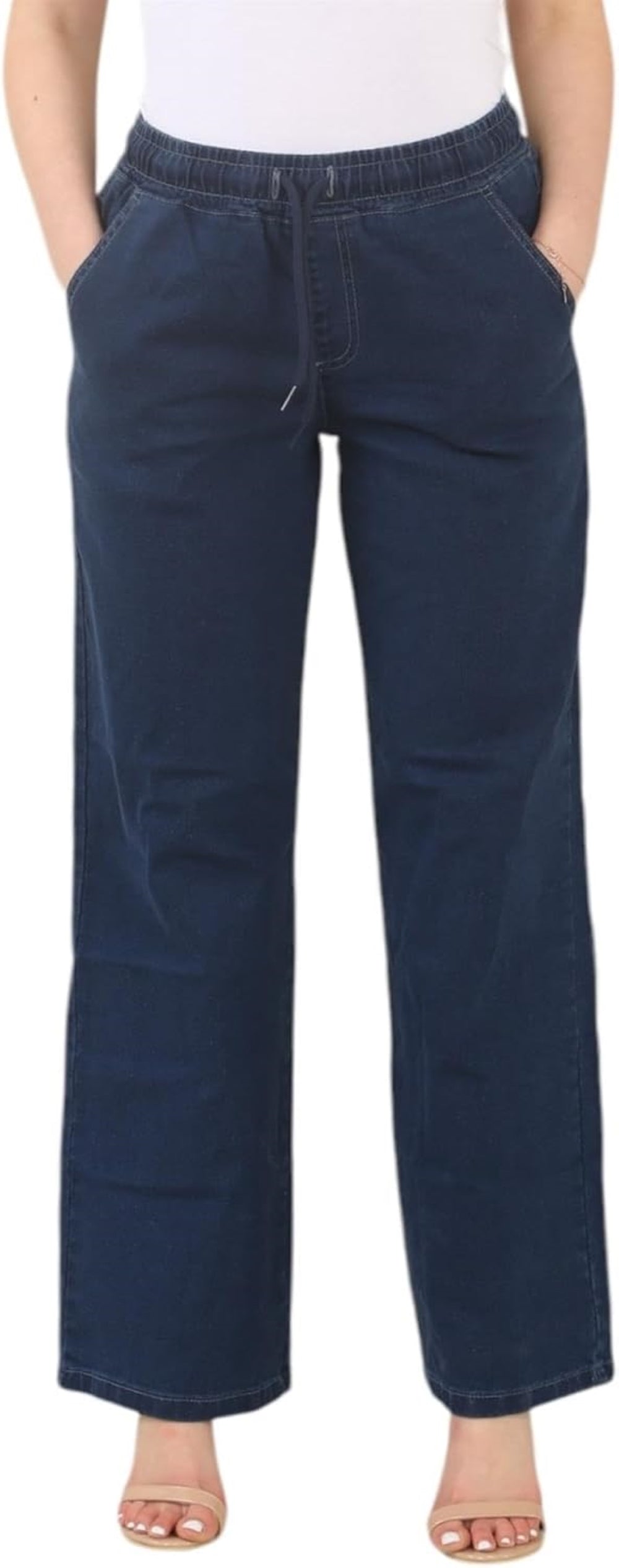  blue wide-leg pants with elastic waistband and pockets.