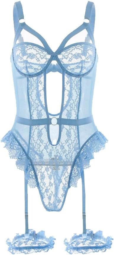 Blue lace lingerie bodysuit with mesh panels, lace trim, crossback straps, and keyhole cutout at waist. Elegant design with floral lace details and adjustable straps for a tailored fit.