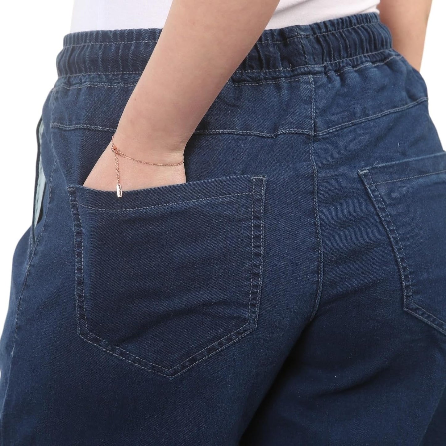  blue wide-leg pants with elastic waistband and back pockets.