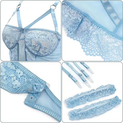 Blue lace lingerie bodysuit with mesh panels, lace trim, crossback straps, and keyhole cutout at waist. Elegant design with floral lace details and adjustable straps for a tailored fit.