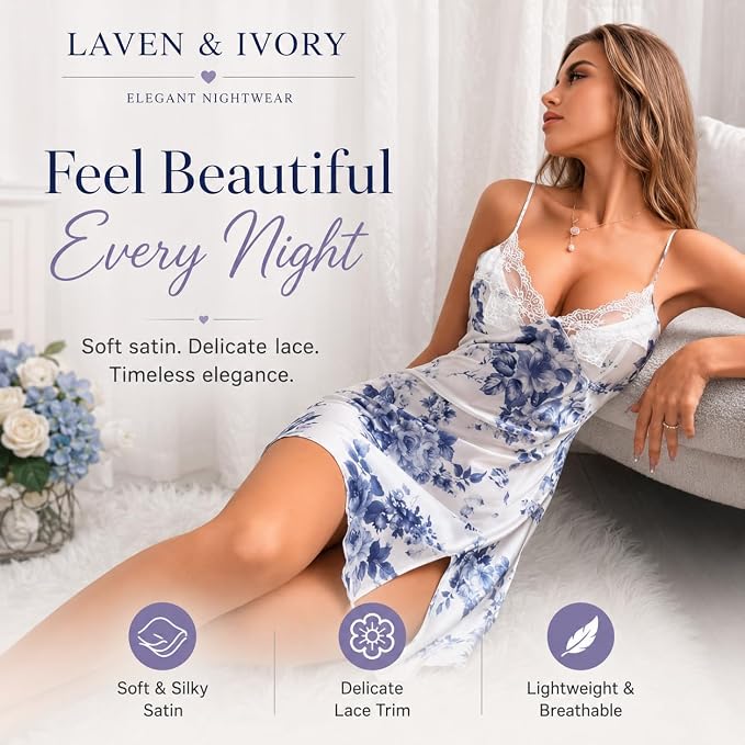 A woman reclines on a sofa wearing a sheer white satin nightgown with a blue floral print and lace trim. The image includes promotional text for Laven & Ivory Elegant Nightwear and feature callouts about soft silky satin, delicate lace trim, and lightweight breathability.