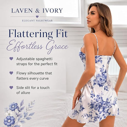 A woman wearing a white satin slip dress with a blue floral print, shown from the back in a bedroom setting. The left side features text overlays reading 'LAVEN & IVORY' and 'Flattering Fit Effortless Grace' with bullet points about adjustable spaghetti straps, a flowing silhouette, and side slits.