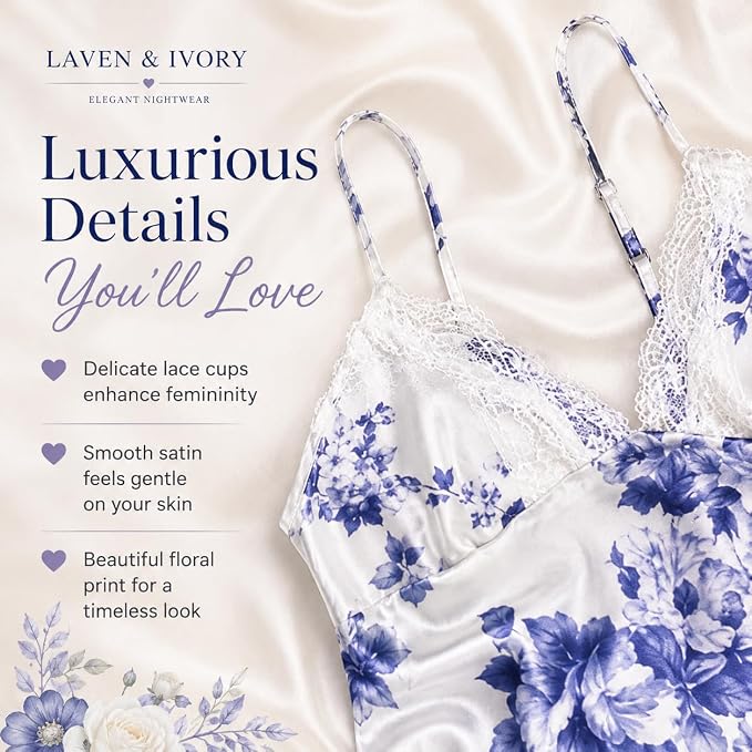 A satin nightgown with blue floral print and lace cups, styled on a cream satin background with promotional text from Laven & Ivory.