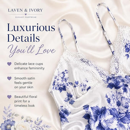 A satin nightgown with blue floral print and lace cups, styled on a cream satin background with promotional text from Laven & Ivory.