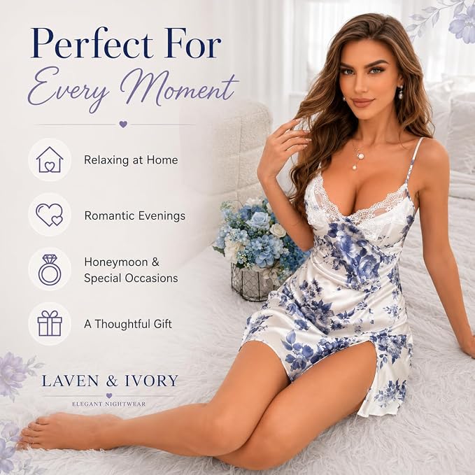 A woman wearing a blue and white floral print satin slip dress with lace trim, sitting on a white bed. The left side of the image features promotional text listing benefits like 'Relaxing at Home', 'Romantic Evenings', 'Honeymoon & Special Occasions', and 'A Thoughtful Gift' from the brand Laven & Ivory.
